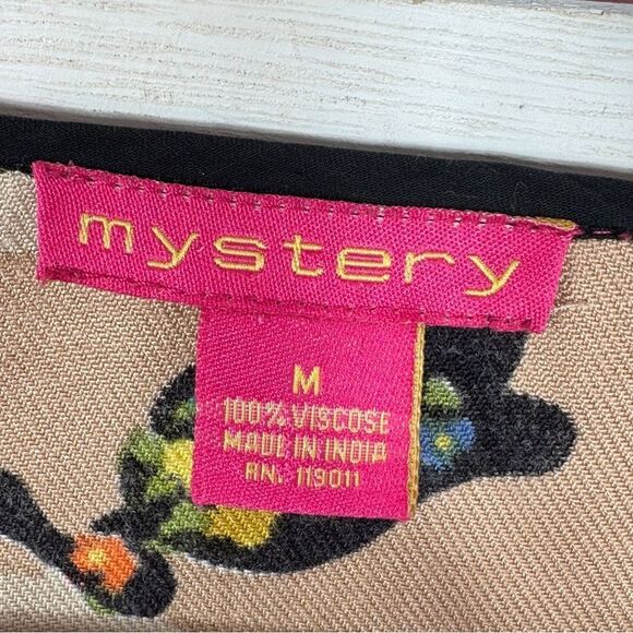 Mystery Mexican Print Smocked Top Bell Sleeve Tunic Shirt Tan Multi Medium - Picture 11 of 13